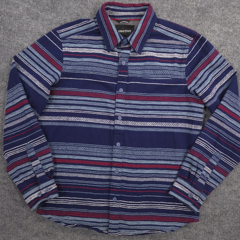 Marmot Keystone Flannel Shirt Mens M Blue Striped COOLMAX Performance UPF 50